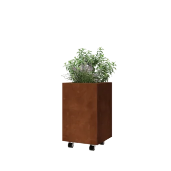 Ζαρντινιέρα από χάλυβα Corten - Τετράγωνο - 40 x 40 x 60 cm - Με πλάκα βάσης - Με τροχούς