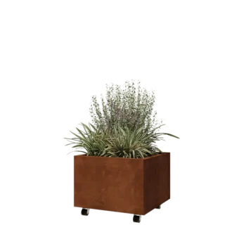 Ζαρντινιέρα από χάλυβα Corten - Τετράγωνο - 60 x 60 x 40 cm - Με πλάκα βάσης - Με τροχούς