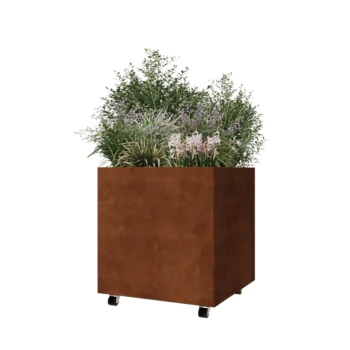 Ζαρντινιέρα από χάλυβα Corten - Τετράγωνο - 70 x 70 x 70 cm - Με πλάκα βάσης - Με τροχούς
