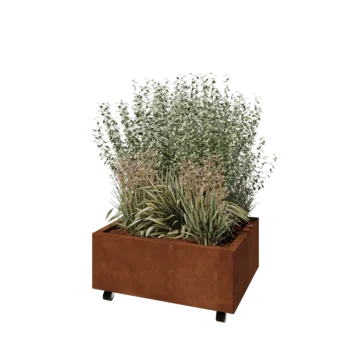 Ζαρντινιέρα από χάλυβα Corten - Ορθογώνιο - 80 x 60 x 30 cm - Με πλάκα βάσης - Με τροχούς