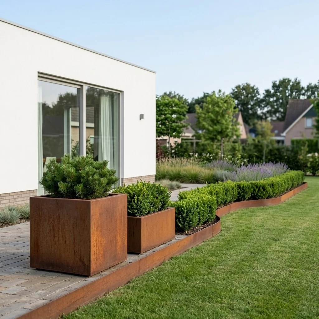 Ζαρντινιέρα από χάλυβα Corten - Τετράγωνο - 100 x 100 x 100 cm - Με πλάκα βάσης