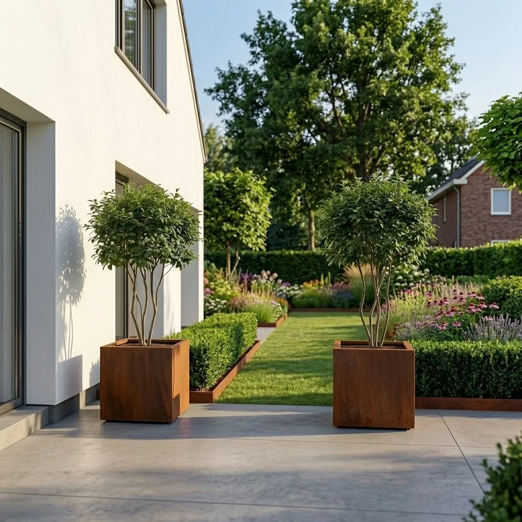 Ζαρντινιέρα από χάλυβα Corten - Τετράγωνο - 50 x 50 x 60 cm - Με πλάκα βάσης - Με πόδια