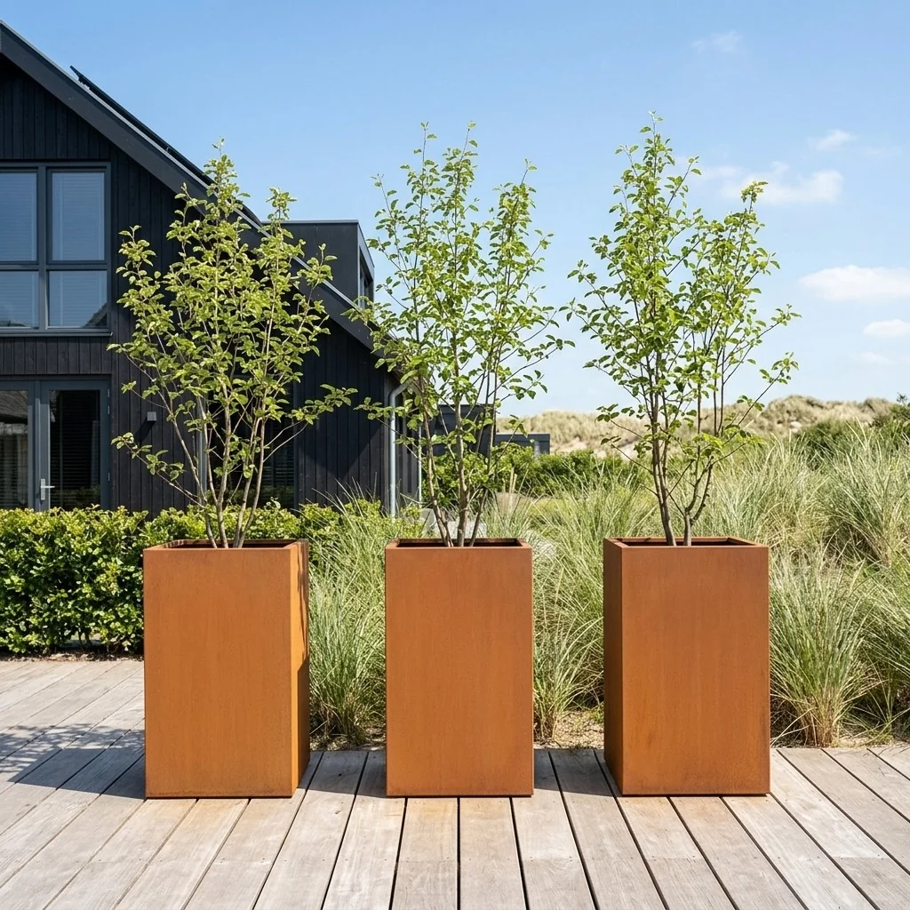 Ζαρντινιέρα από χάλυβα Corten - Τετράγωνο - 50 x 50 x 80 cm - Με πλάκα βάσης - Με τροχούς