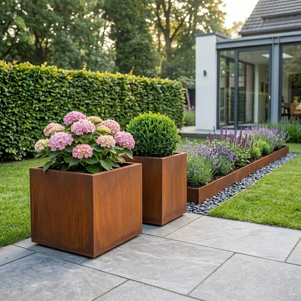 Ζαρντινιέρα από χάλυβα Corten - Τετράγωνο - 60 x 60 x 80 cm - Με πλάκα βάσης