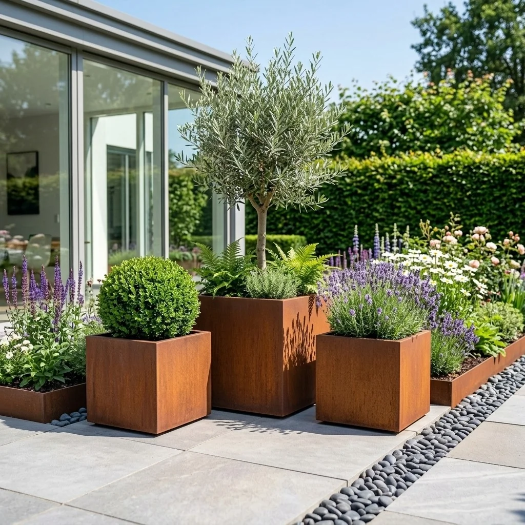 Ζαρντινιέρα από χάλυβα Corten - Τετράγωνο - 40 x 40 x 40 cm - Με πλάκα βάσης - Με τροχούς