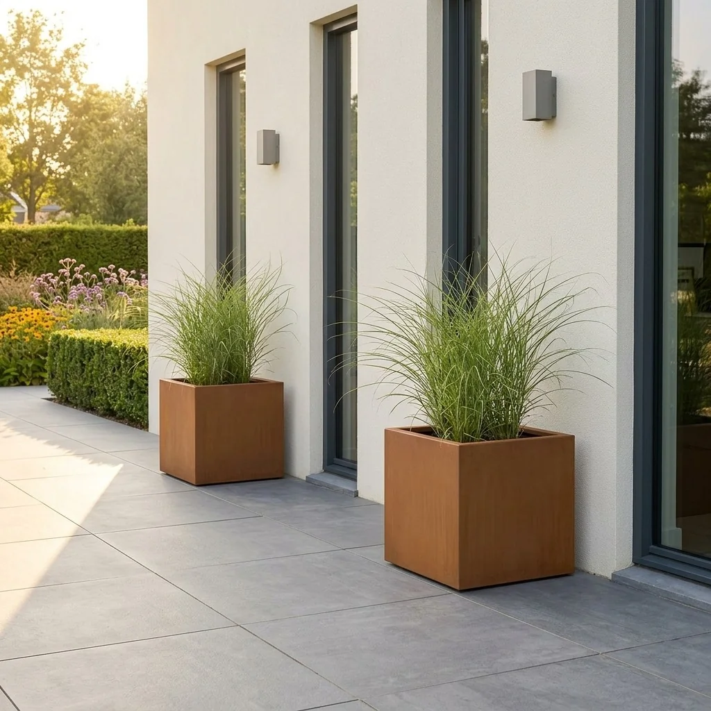 Ζαρντινιέρα από χάλυβα Corten - Τετράγωνο - 40 x 40 x 40 cm - Με πλάκα βάσης