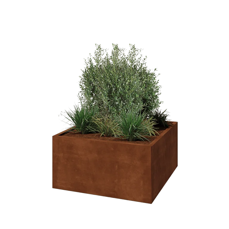 Ζαρντινιέρα από χάλυβα Corten - Τετράγωνο - 100 x 100 x 50 cm - Με πλάκα βάσης