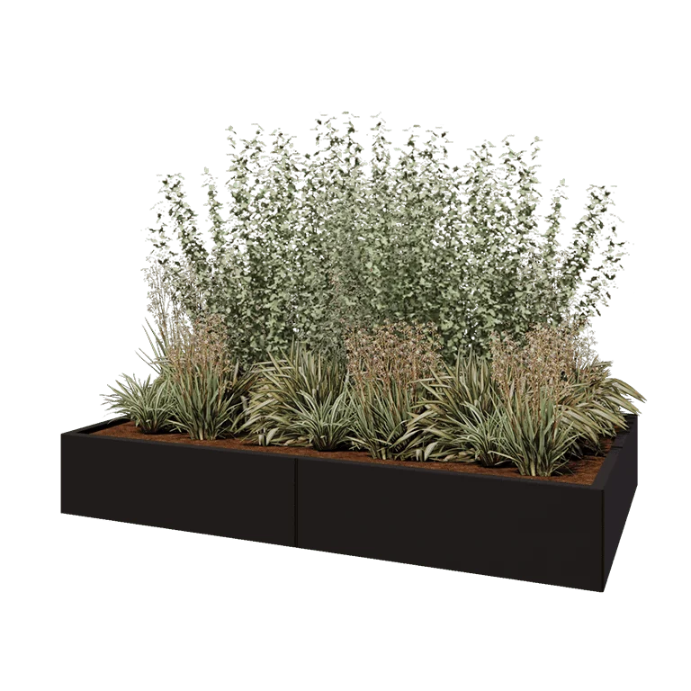 Ζαρντινιέρα XXL από χάλυβα - Ορθογώνιο - 200 x 120 x 30 cm - RAL9005 ματ (μαύρο) - Με πλάκα βάσης