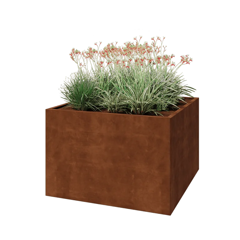Ζαρντινιέρα από χάλυβα Corten - Τετράγωνο - 120 x 120 x 80 cm - Με πλάκα βάσης
