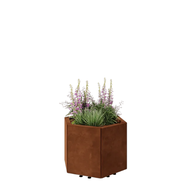Ζαρντινιέρα από χάλυβα Corten - Εξάγωνο - 59,3 x 52 x 40 cm - Με πλάκα βάσης - Με πόδια