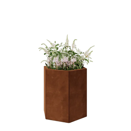 Ζαρντινιέρα από χάλυβα Corten - Εξάγωνο - 59,3 x 52 x 60 cm - Με πλάκα βάσης