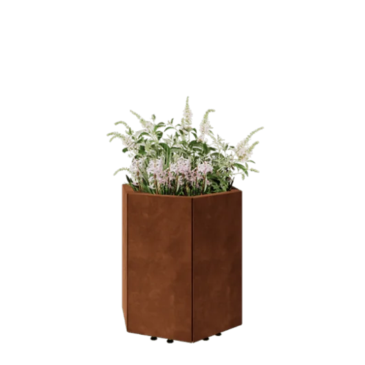 Ζαρντινιέρα από χάλυβα Corten - Εξάγωνο - 59,3 x 52 x 60 cm - Με πλάκα βάσης - Με πόδια