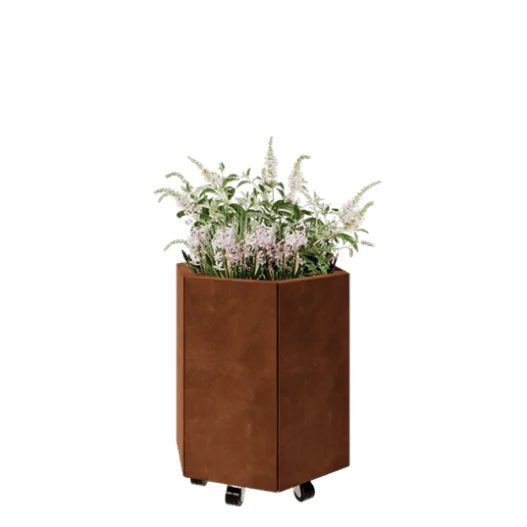Ζαρντινιέρα από χάλυβα Corten - Εξάγωνο - 59,3 x 52 x 60 cm - Με πλάκα βάσης - Με τροχούς