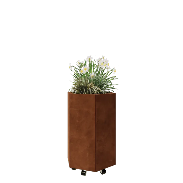 Ζαρντινιέρα από χάλυβα Corten - Εξάγωνο - 59,3 x 52 x 80 cm - Με πλάκα βάσης - Με τροχούς