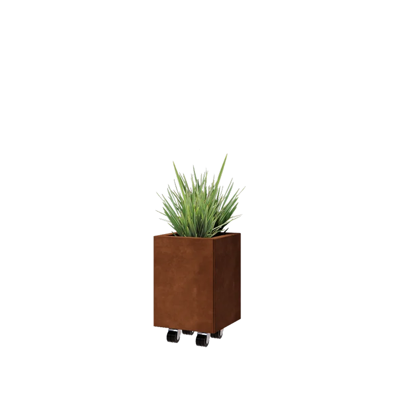 Ζαρντινιέρα από χάλυβα Corten - Τετράγωνο - 30 x 30 x 40 cm - Με πλάκα βάσης - Με τροχούς