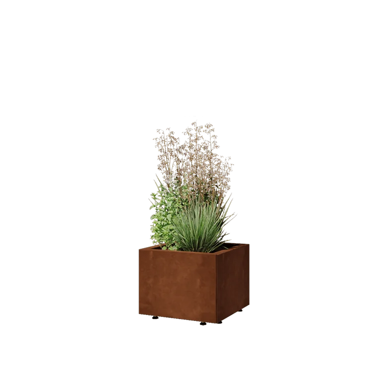 Ζαρντινιέρα από χάλυβα Corten - Τετράγωνο - 40 x 40 x 30 cm - Με πλάκα βάσης - Με πόδια