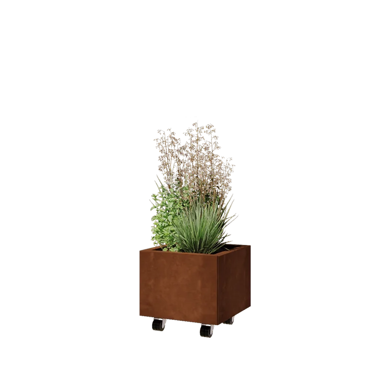 Ζαρντινιέρα από χάλυβα Corten - Τετράγωνο - 40 x 40 x 30 cm - Με πλάκα βάσης - Με τροχούς