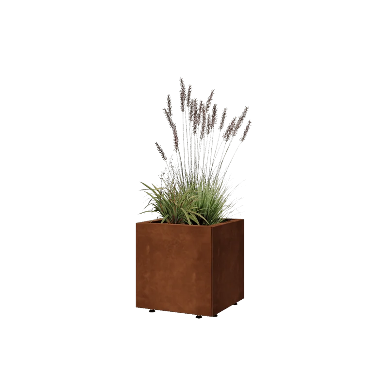 Ζαρντινιέρα από χάλυβα Corten - Τετράγωνο - 40 x 40 x 40 cm - Με πλάκα βάσης - Με πόδια