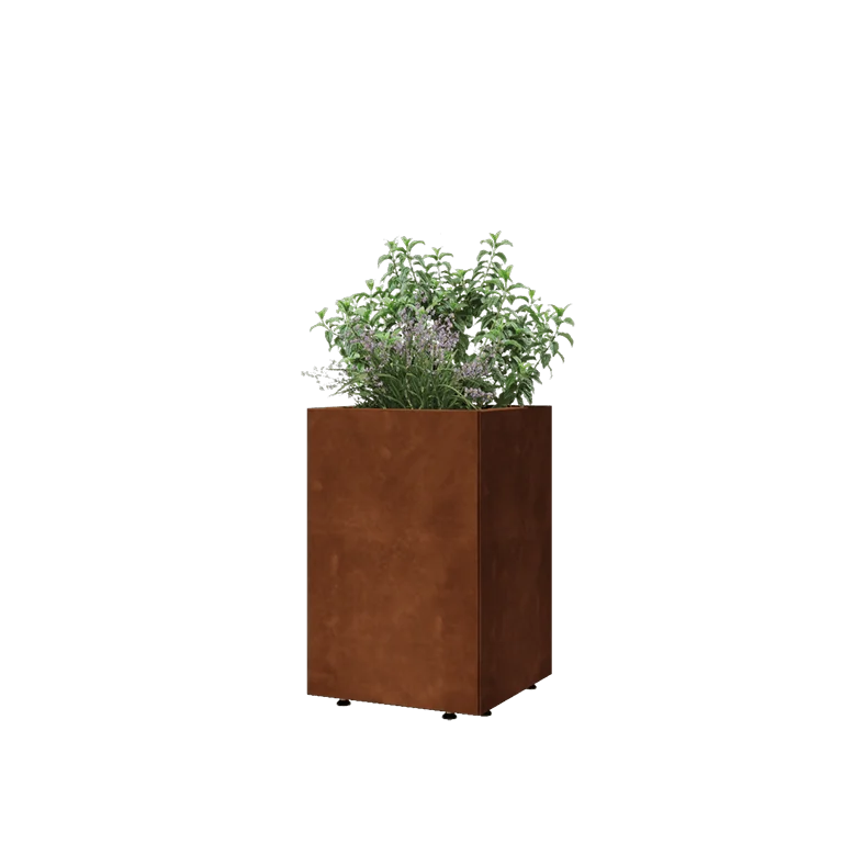 Ζαρντινιέρα από χάλυβα Corten - Τετράγωνο - 40 x 40 x 60 cm - Με πλάκα βάσης - Με πόδια