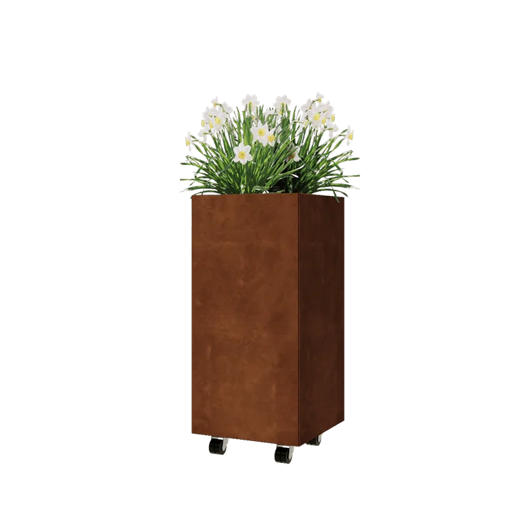 Ζαρντινιέρα από χάλυβα Corten - Τετράγωνο - 40 x 40 x 80 cm - Με πλάκα βάσης - Με τροχούς