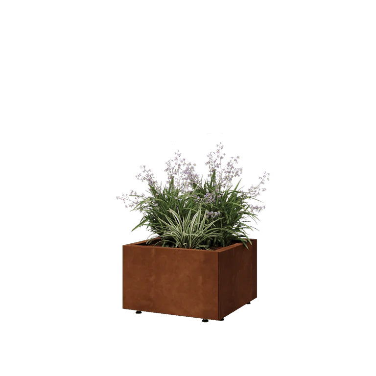 Ζαρντινιέρα από χάλυβα Corten - Τετράγωνο - 50 x 50 x 30 cm - Με πλάκα βάσης - Με πόδια