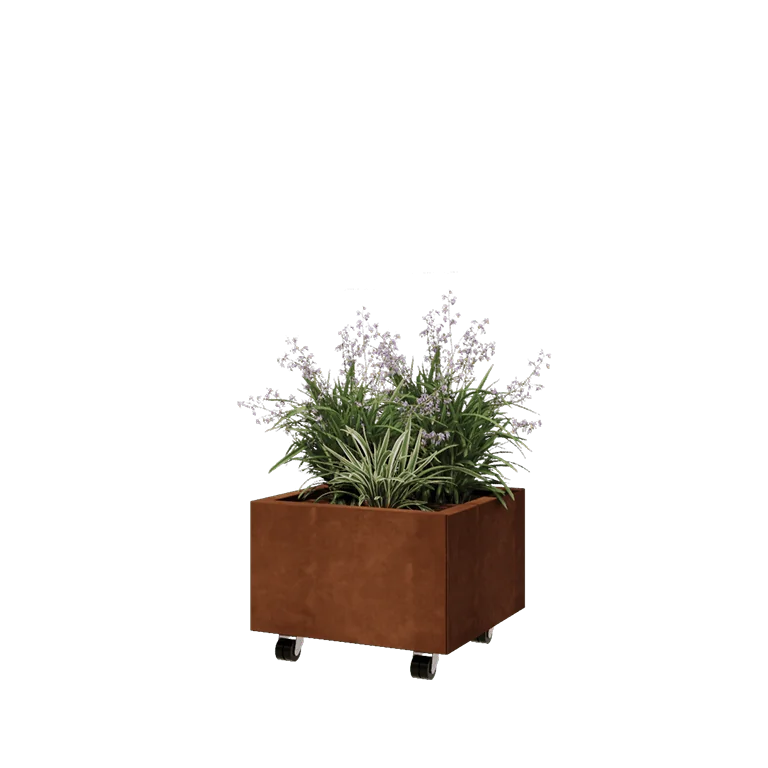 Ζαρντινιέρα από χάλυβα Corten - Τετράγωνο - 50 x 50 x 30 cm - Με πλάκα βάσης - Με τροχούς