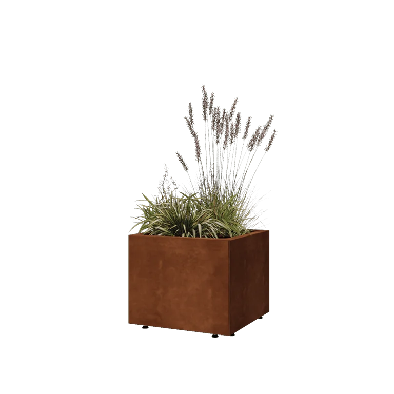 Ζαρντινιέρα από χάλυβα Corten - Τετράγωνο - 50 x 50 x 40 cm - Με πλάκα βάσης - Με πόδια