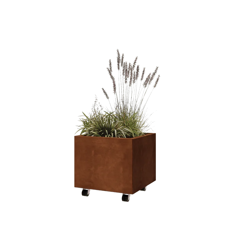 Ζαρντινιέρα από χάλυβα Corten - Τετράγωνο - 50 x 50 x 40 cm - Με πλάκα βάσης - Με τροχούς