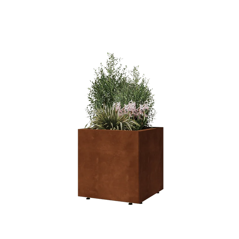 Ζαρντινιέρα από χάλυβα Corten - Τετράγωνο - 50 x 50 x 50 cm - Με πλάκα βάσης - Με πόδια