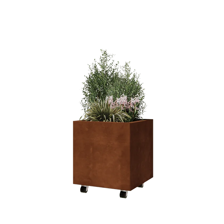 Ζαρντινιέρα από χάλυβα Corten - Τετράγωνο - 50 x 50 x 50 cm - Με πλάκα βάσης - Με τροχούς