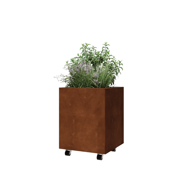 Ζαρντινιέρα από χάλυβα Corten - Τετράγωνο - 50 x 50 x 60 cm - Με πλάκα βάσης - Με τροχούς