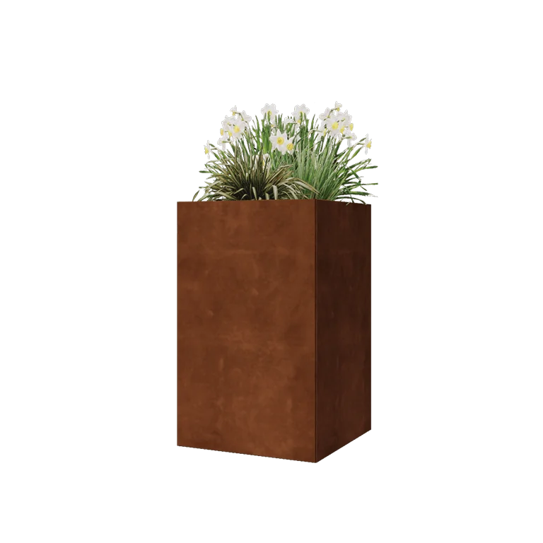 Ζαρντινιέρα από χάλυβα Corten - Τετράγωνο - 50 x 50 x 80 cm - Με πλάκα βάσης