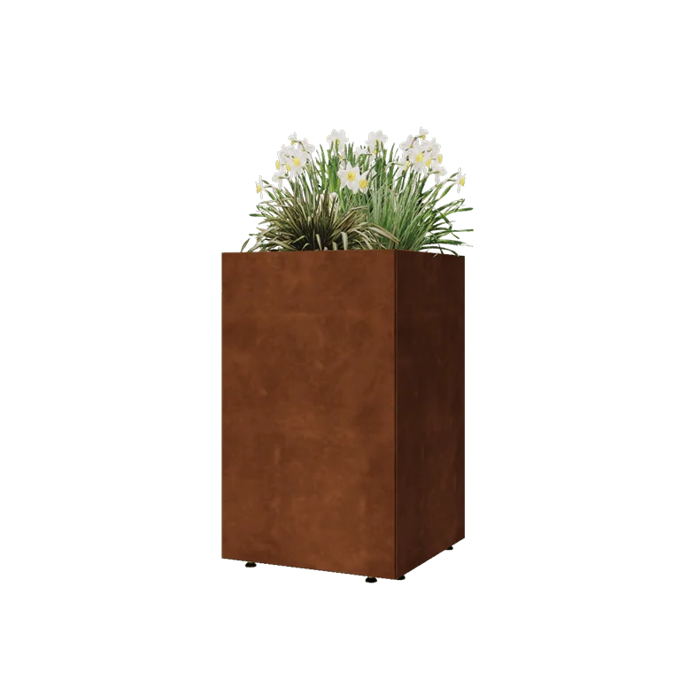 Ζαρντινιέρα από χάλυβα Corten - Τετράγωνο - 50 x 50 x 80 cm - Με πλάκα βάσης - Με πόδια