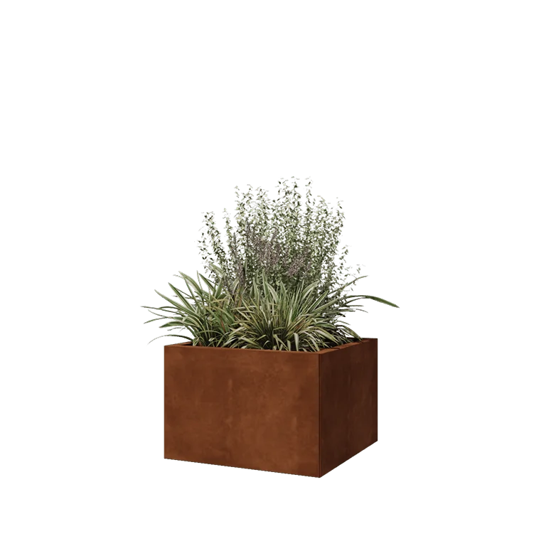 Ζαρντινιέρα από χάλυβα Corten - Τετράγωνο - 60 x 60 x 40 cm - Με πλάκα βάσης