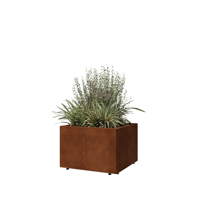 Ζαρντινιέρα από χάλυβα Corten - Τετράγωνο - 60 x 60 x 40 cm - Με πλάκα βάσης - Με πόδια