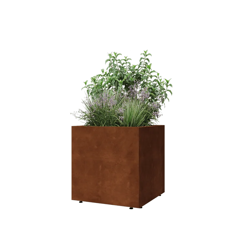 Ζαρντινιέρα από χάλυβα Corten - Τετράγωνο - 60 x 60 x 60 cm - Με πλάκα βάσης - Με πόδια