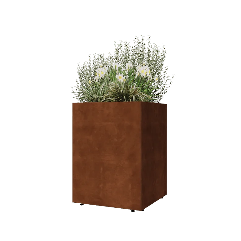 Ζαρντινιέρα από χάλυβα Corten - Τετράγωνο - 60 x 60 x 80 cm - Με πλάκα βάσης - Με πόδια