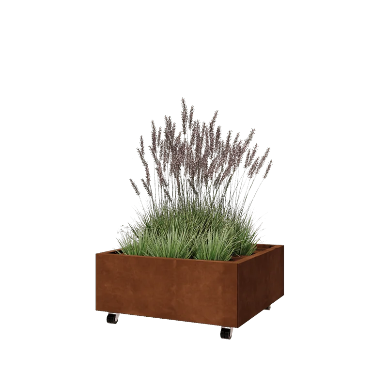 Ζαρντινιέρα από χάλυβα Corten - Τετράγωνο - 80 x 80 x 30 cm - Με πλάκα βάσης - Με τροχούς