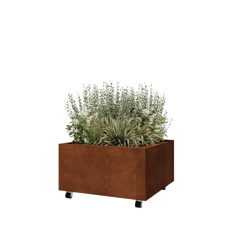 Ζαρντινιέρα από χάλυβα Corten - Τετράγωνο - 80 x 80 x 40 cm - Με πλάκα βάσης - Με τροχούς