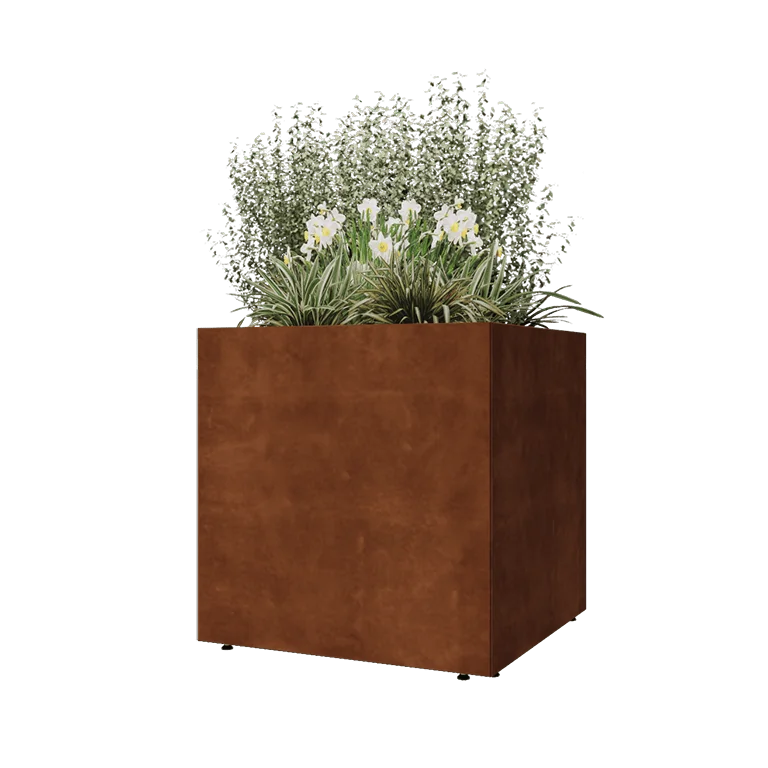 Ζαρντινιέρα από χάλυβα Corten - Τετράγωνο - 80 x 80 x 80 cm - Με πλάκα βάσης - Με πόδια