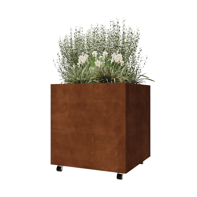 Ζαρντινιέρα από χάλυβα Corten - Τετράγωνο - 80 x 80 x 80 cm - Με πλάκα βάσης - Με τροχούς