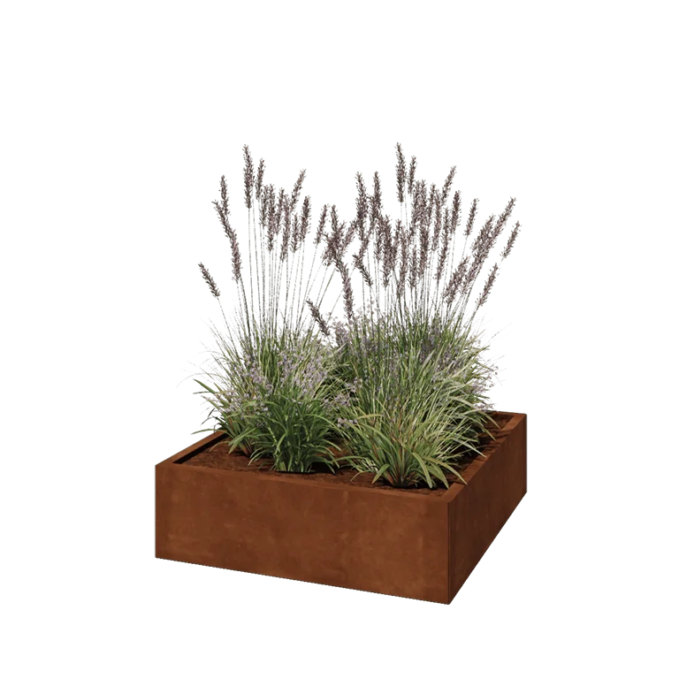 Ζαρντινιέρα από χάλυβα Corten - Τετράγωνο - 100 x 100 x 30 cm - Με πλάκα βάσης