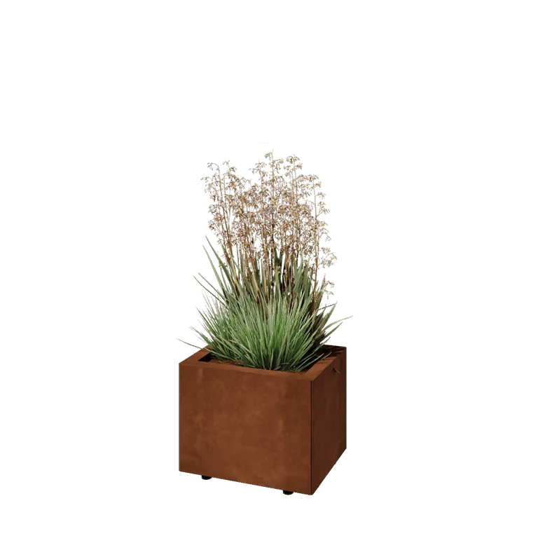 Ζαρντινιέρα από χάλυβα Corten - Ορθογώνιο - 40 x 30 x 30 cm - Με πλάκα βάσης - Με πόδια