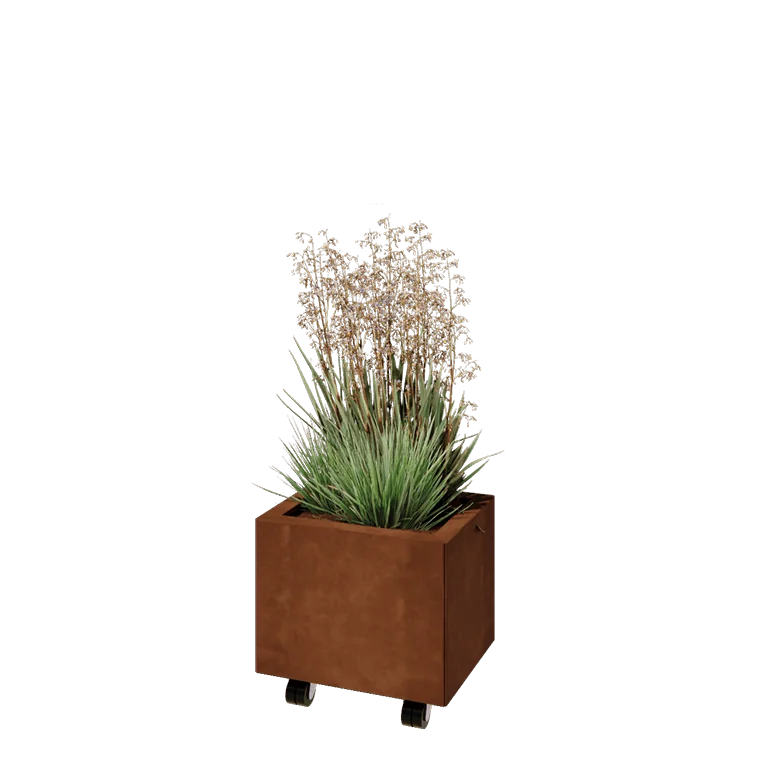 Ζαρντινιέρα από χάλυβα Corten - Ορθογώνιο - 40 x 30 x 30 cm - Με πλάκα βάσης - Με τροχούς