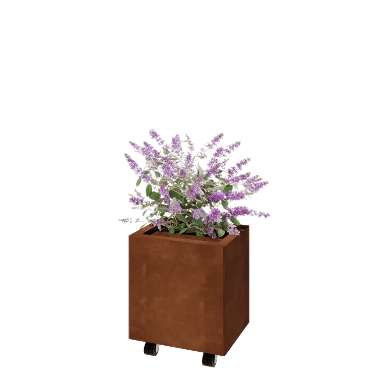 Ζαρντινιέρα από χάλυβα Corten - Ορθογώνιο - 40 x 30 x 40 cm - Με πλάκα βάσης - Με τροχούς