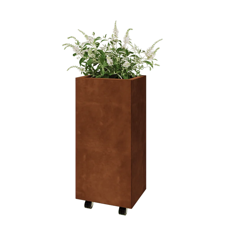 Ζαρντινιέρα από χάλυβα Corten - Ορθογώνιο - 40 x 30 x 80 cm - Με πλάκα βάσης - Με τροχούς