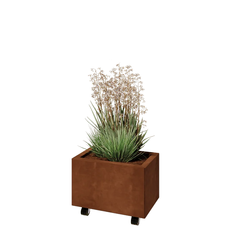 Ζαρντινιέρα από χάλυβα Corten - Ορθογώνιο - 50 x 30 x 30 cm - Με πλάκα βάσης - Με τροχούς