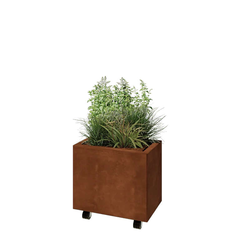 Ζαρντινιέρα από χάλυβα Corten - Ορθογώνιο - 50 x 30 x 40 cm - Με πλάκα βάσης - Με τροχούς