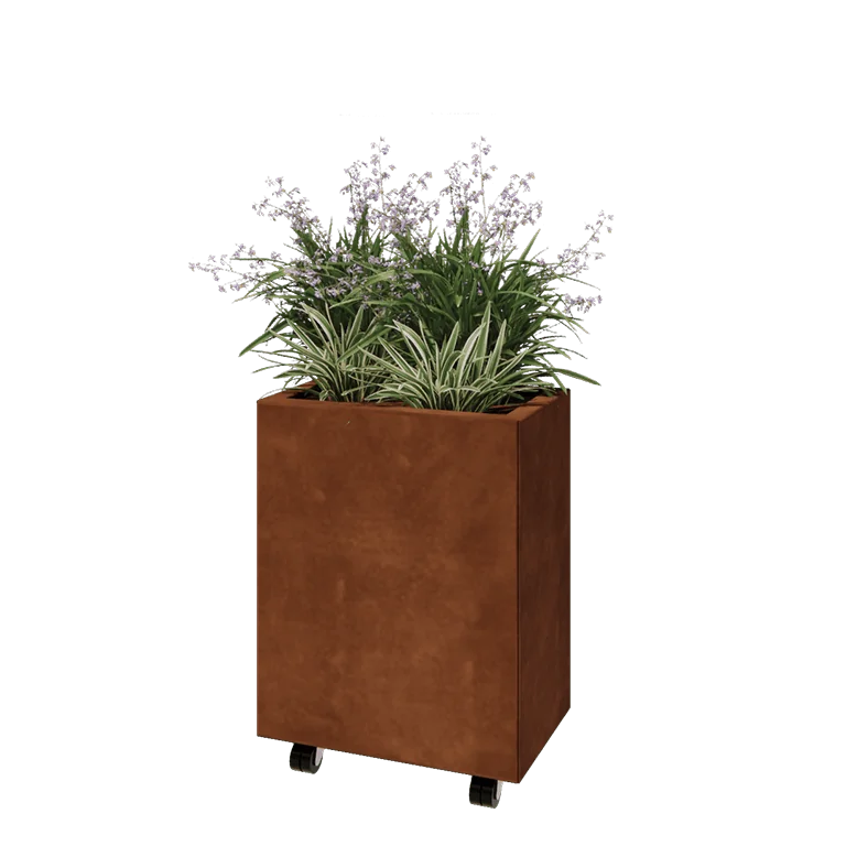Ζαρντινιέρα από χάλυβα Corten - Ορθογώνιο - 50 x 30 x 60 cm - Με πλάκα βάσης - Με τροχούς