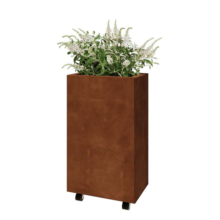 Ζαρντινιέρα από χάλυβα Corten - Ορθογώνιο - 50 x 30 x 80 cm - Με πλάκα βάσης - Με τροχούς